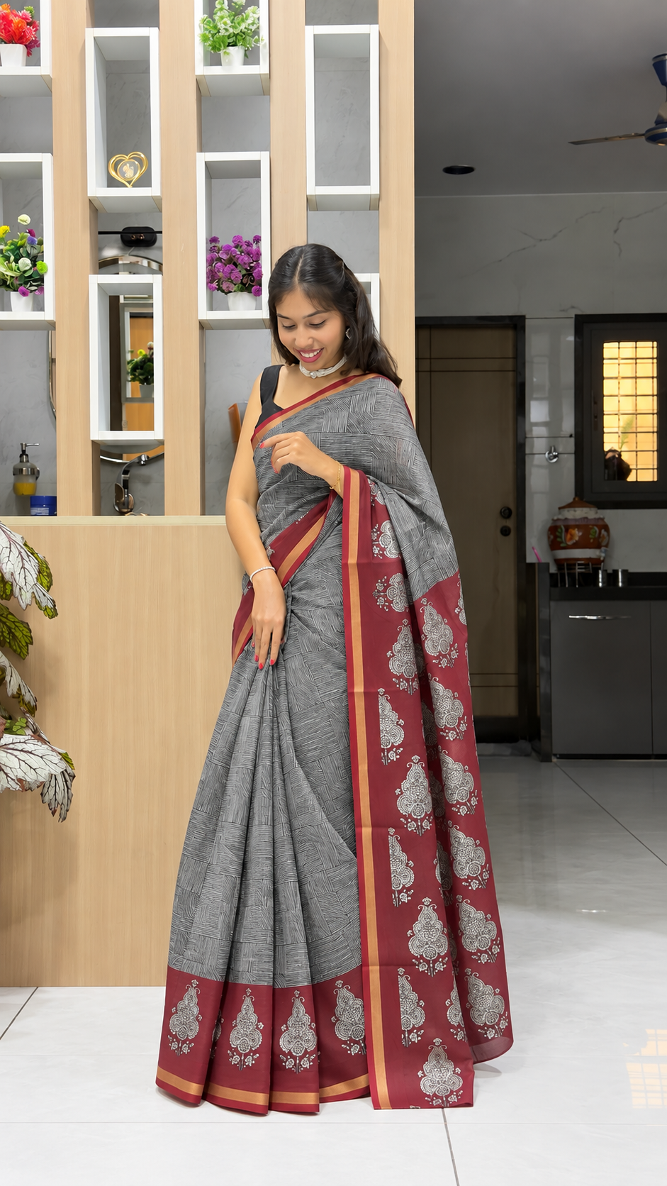 black maroon maheshwari cotton saree with hand block print