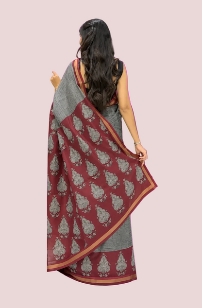 Black Maroon Maheshwari Cotton Saree with Hand Block Print