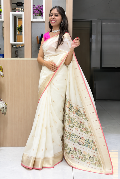 Ivory Chiniya Silk Saree with Floral Paithani Pallu & Contrast Border