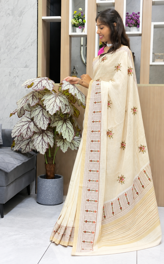 Ivory Linen Silk Handloom Saree with Katha Stitch Embroidery – Rust Orange