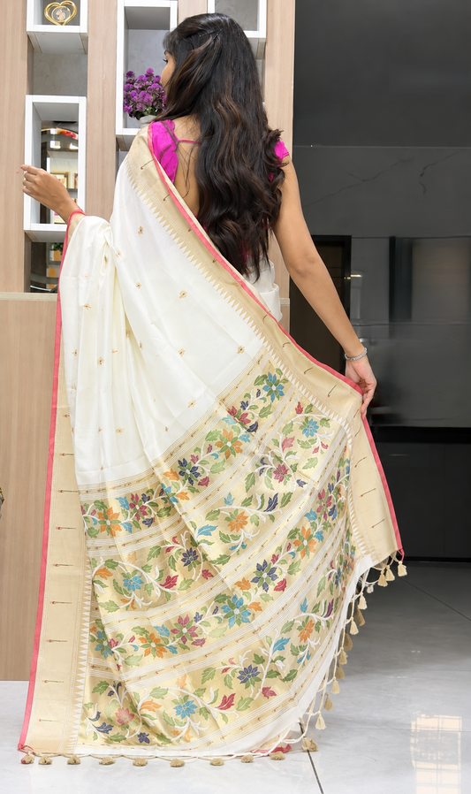 Ivory Chiniya Silk Saree with Floral Paithani Pallu & Contrast Border