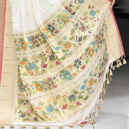 Ivory Chiniya Silk Saree with Floral Paithani Pallu & Contrast Border