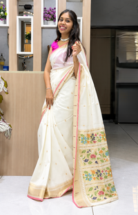Ivory Chiniya Silk Saree with Floral Paithani Pallu & Contrast Border