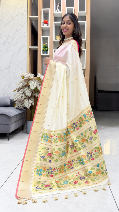 Ivory Chiniya Silk Saree with Floral Paithani Pallu & Contrast Border
