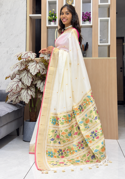 Ivory Chiniya Silk Saree with Floral Paithani Pallu & Contrast Border