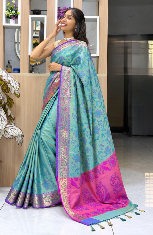 Meadow Bloom Turquoise Blue Multicolour Soft Silk Saree with Meena Border