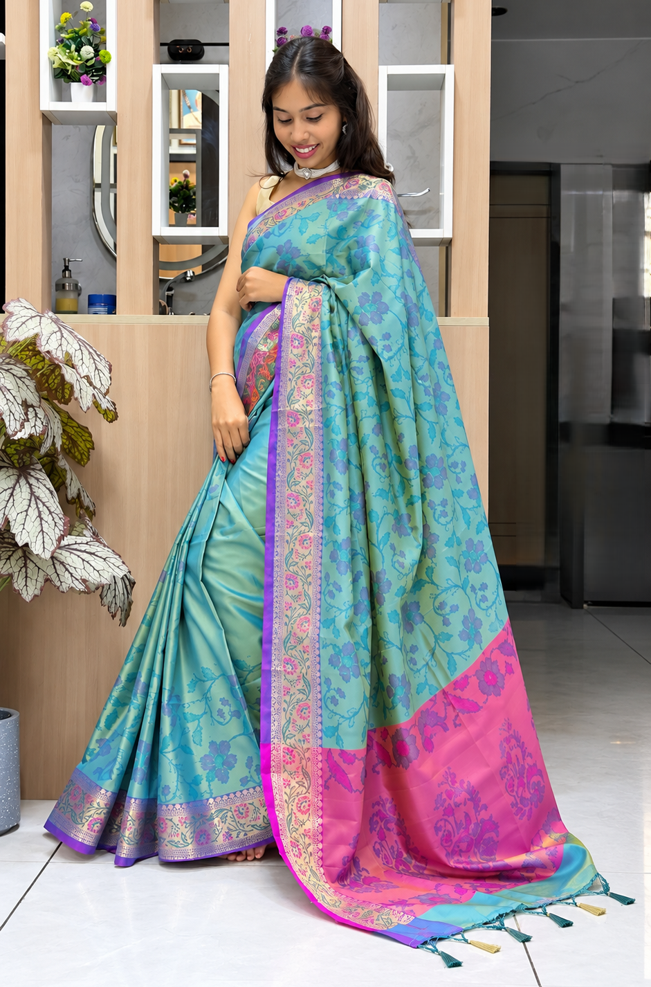 meadow bloom turquoise blue multicolour soft silk saree with meena border