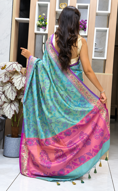 Meadow Bloom Turquoise Blue Multicolour Soft Silk Saree with Meena Border