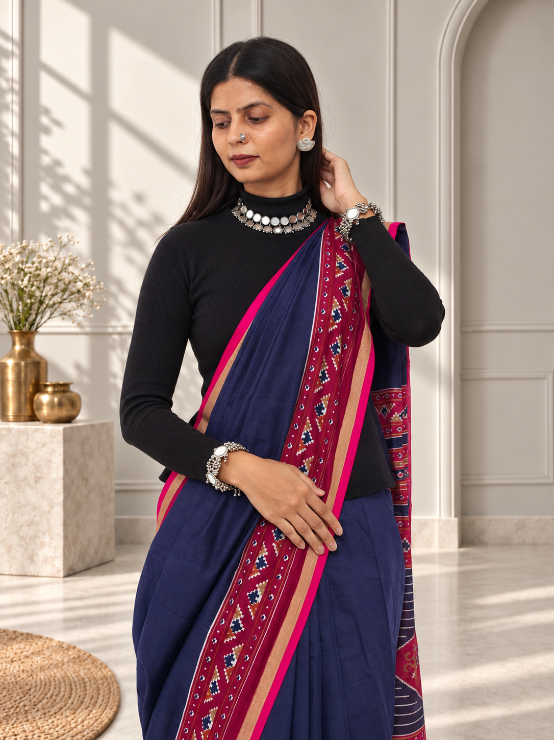 Navy Blue Red Kasuthi Hand Embroidered Ilkal Handwoven Cotton Saree