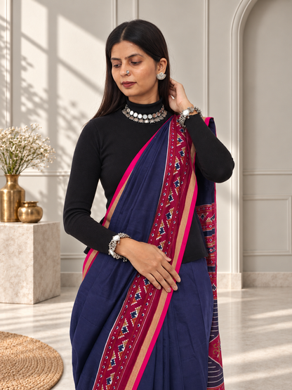 Navy Blue Red Kasuthi Hand Embroidered Ilkal Handwoven Cotton Saree