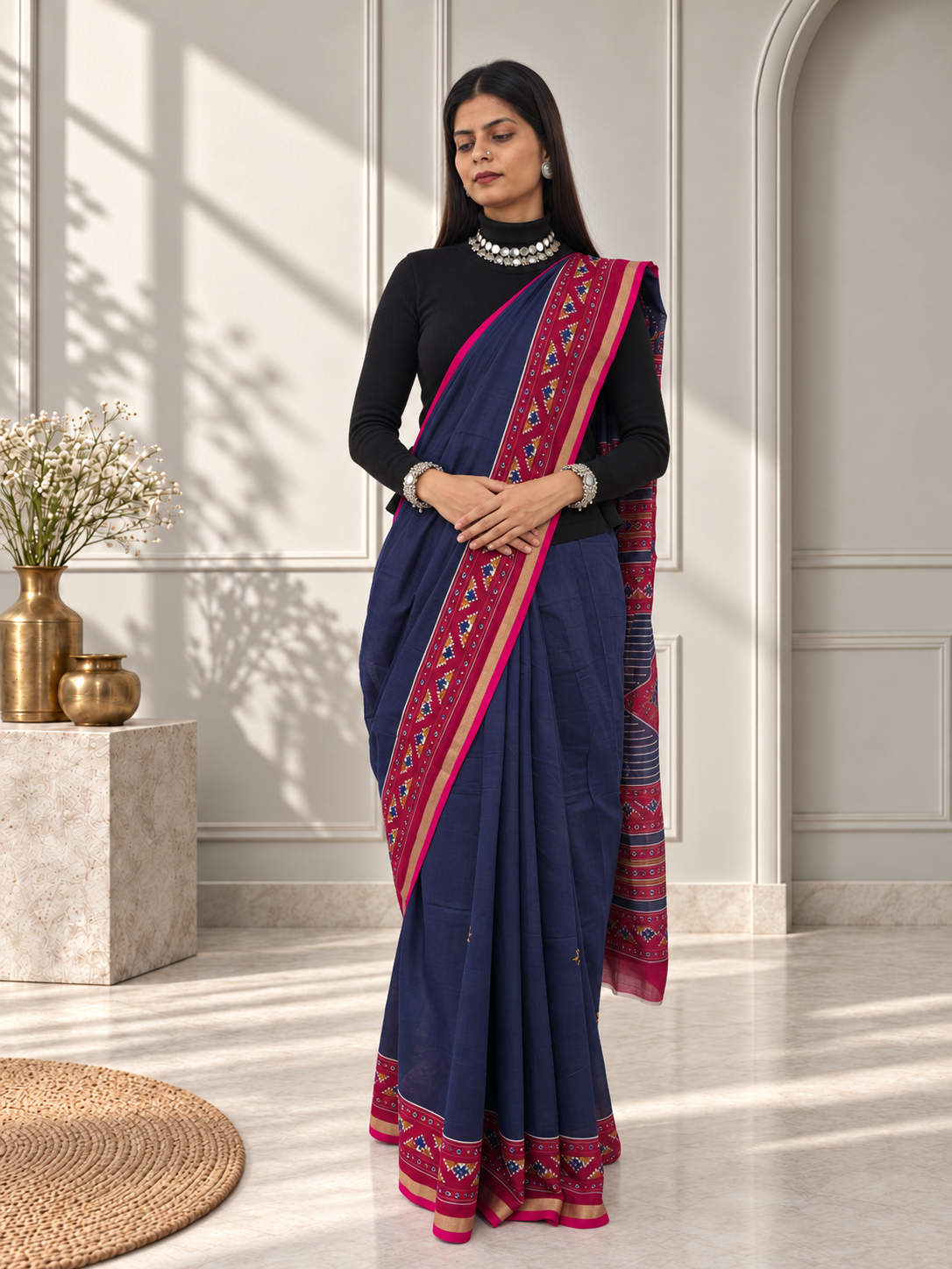 navy blue red kasuthi hand embroidered ilkal handwoven cotton saree
