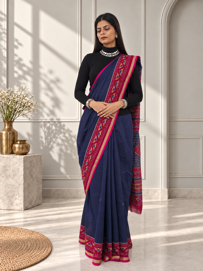Navy Blue Red Kasuthi Hand Embroidered Ilkal Handwoven Cotton Saree