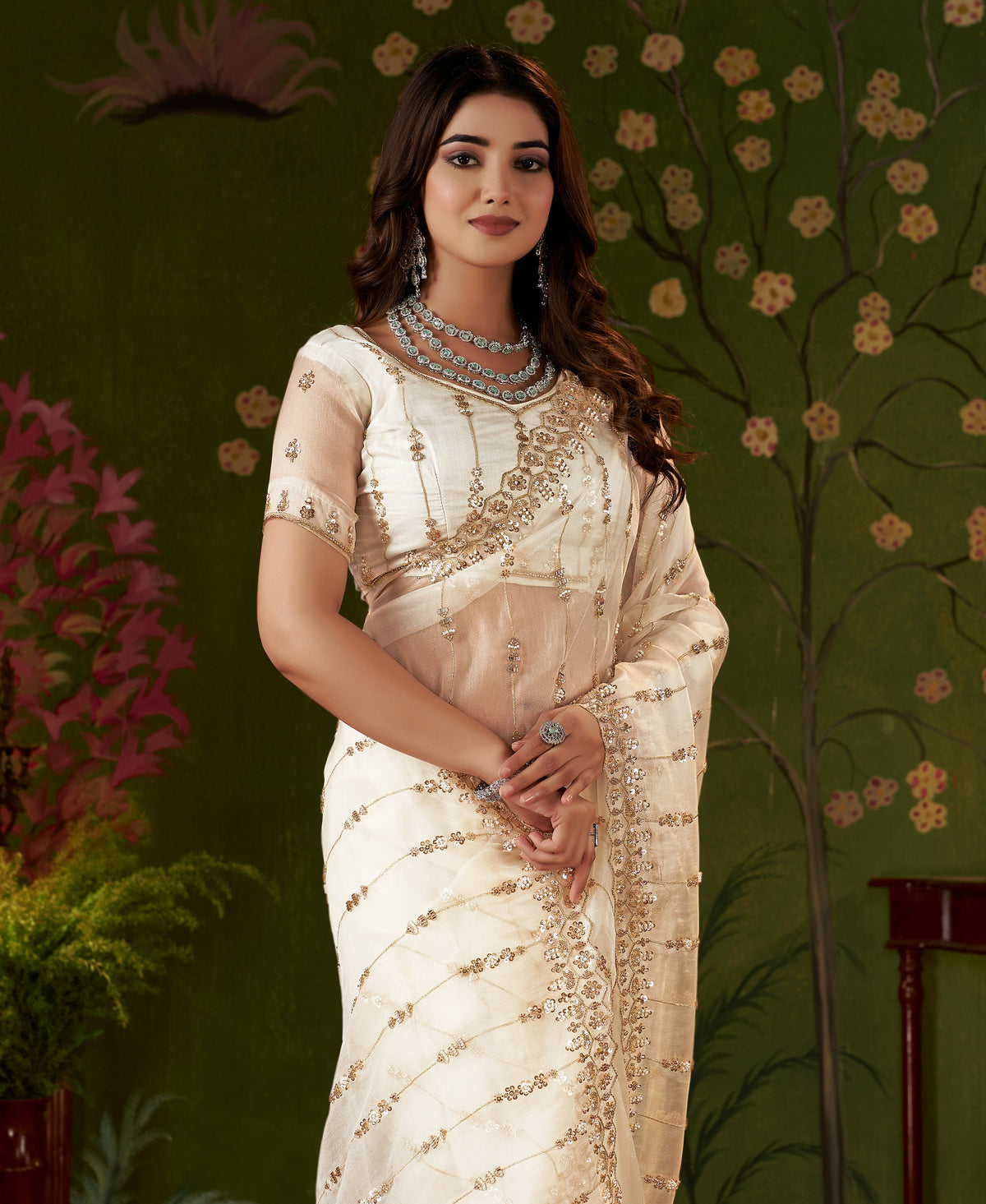 intricate floral bead and sequin hand work on ivory white tissue silk saree