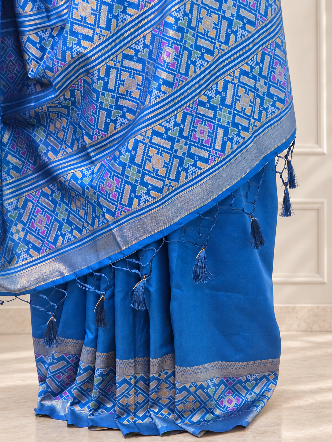 royal blue patola silk saree with traditional motif