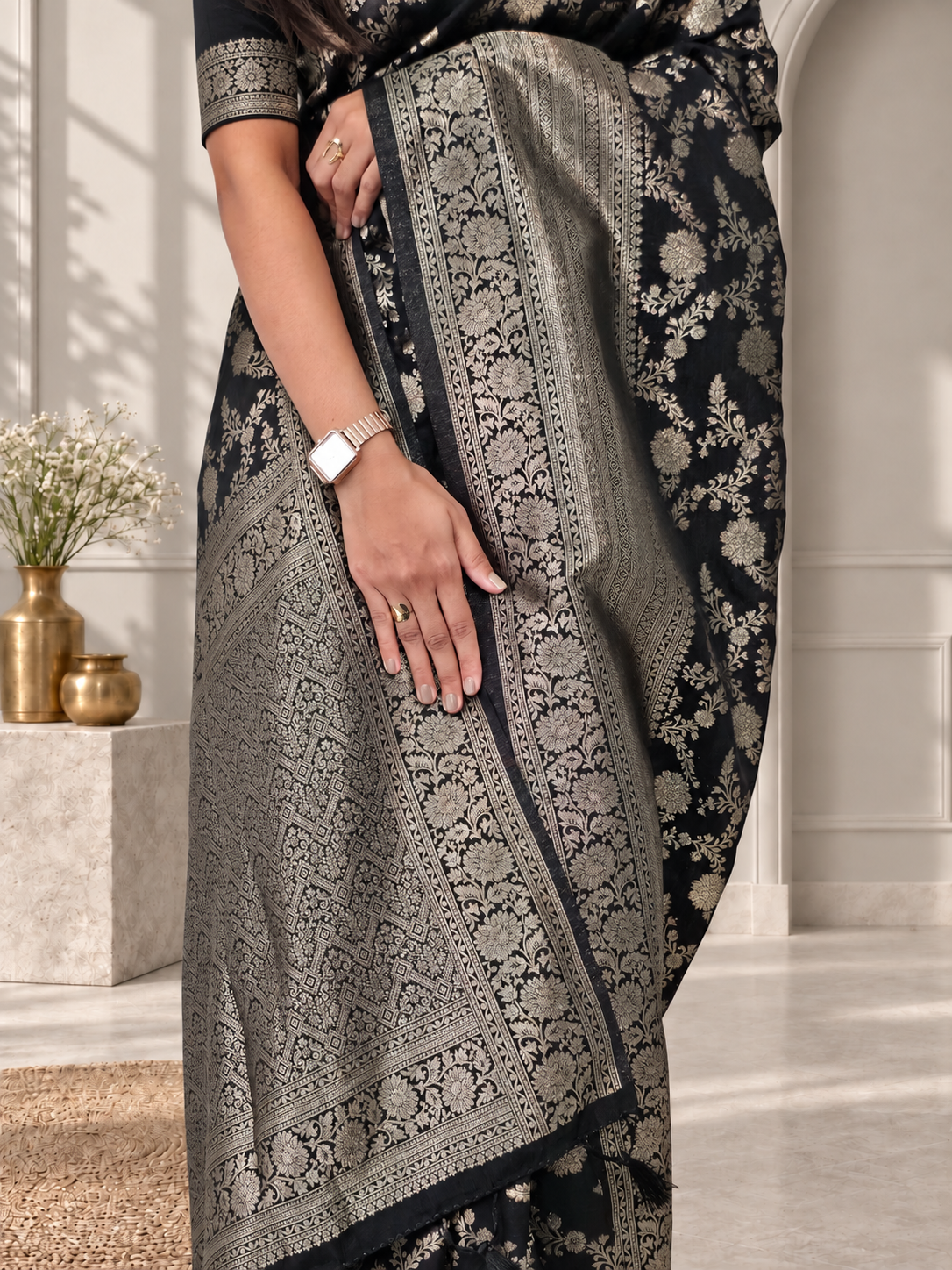 black pure katan silk banarasi handloom saree