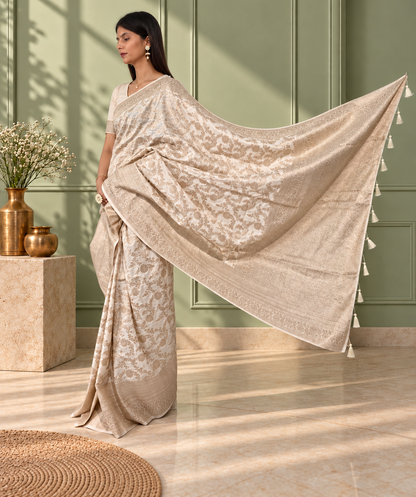 White Pure Katan Silk Banarasi Handloom Saree