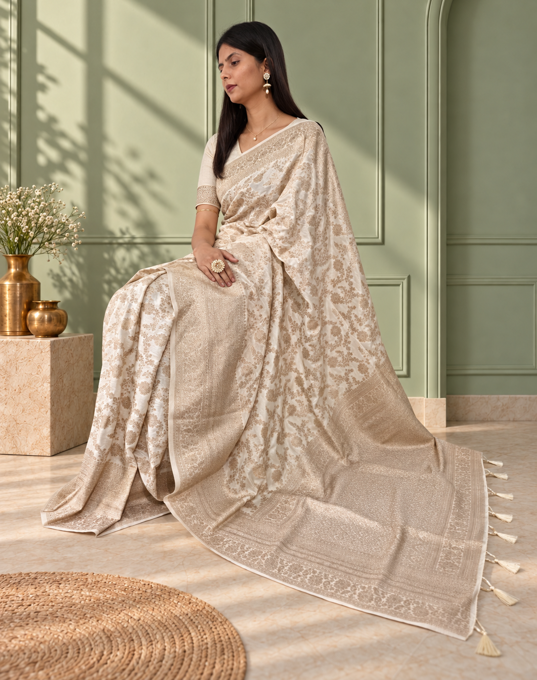 white pure katan silk banarasi handloom saree
