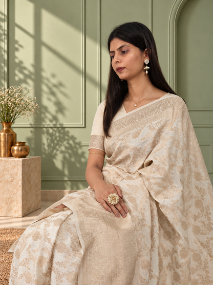 White Pure Katan Silk Banarasi Handloom Saree