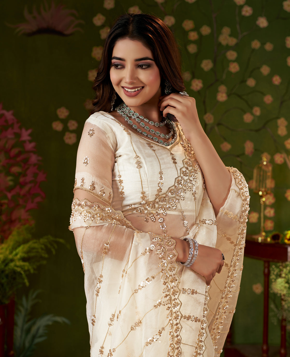 Ivory White Floral Tissue Silk Saree with Hand Work by Chhoga