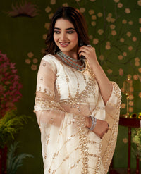 Ivory White Floral Stripe Tissue Silk Saree with Hand Work