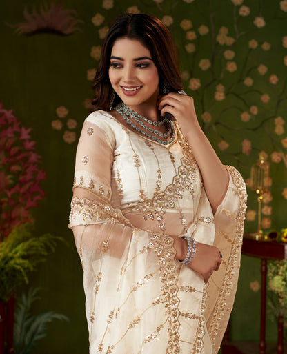 Ivory White Floral Tissue Silk Saree with Hand Work by Chhoga