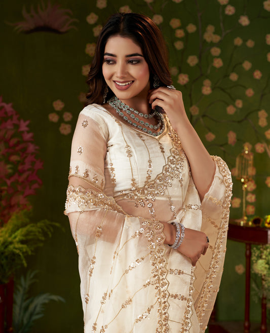 Ivory White Floral Tissue Silk Saree with Hand Work by Chhoga
