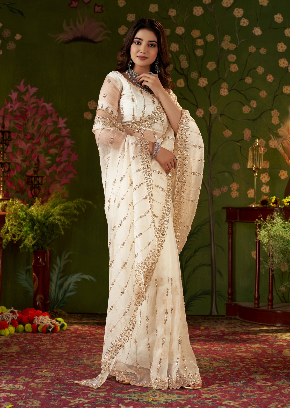 Ivory White Floral Tissue Silk Saree with Hand Work for weddings and festive wear