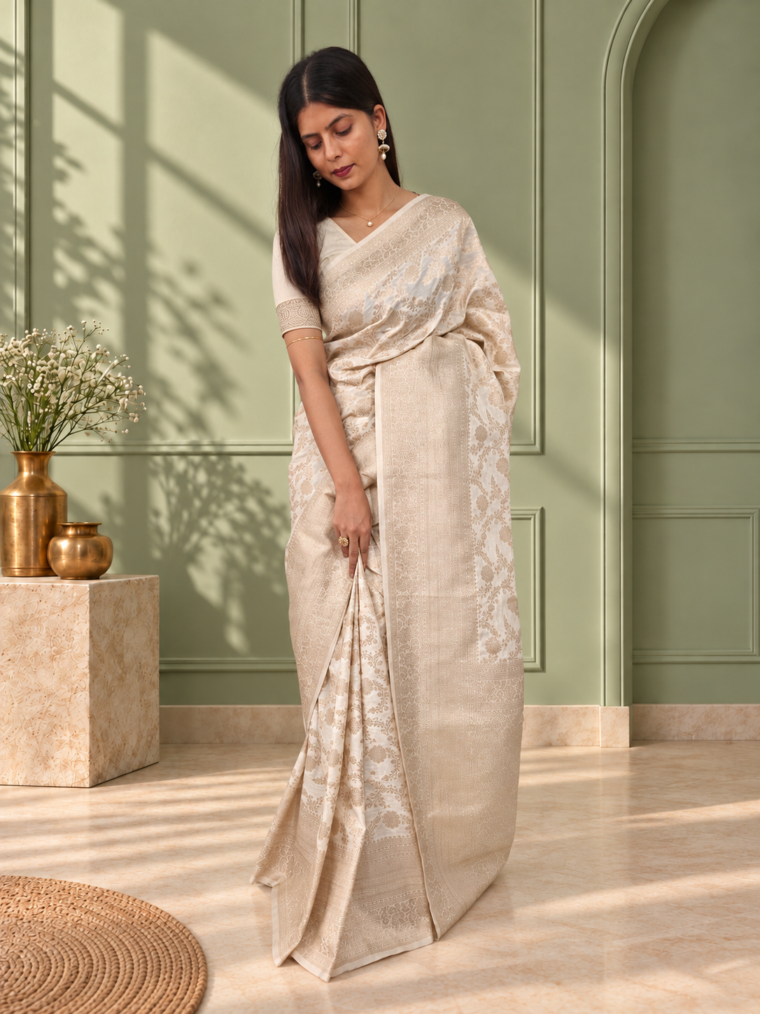 White Pure Katan Silk Banarasi Handloom Saree