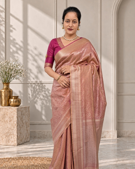 Peach Orange Banarasi Silk Saree with Floral Jaal & Rich Woven Border