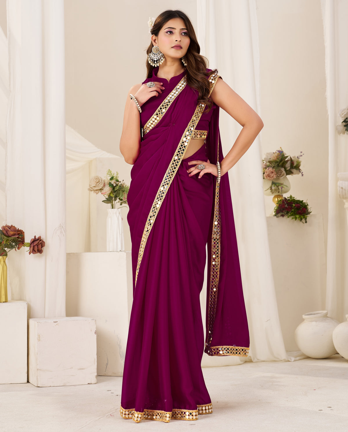 Chiffon Silk Deep Magenta Saree with Gold Mirror Border