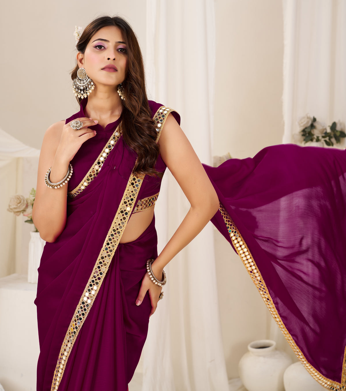 Chiffon Silk Deep Magenta Saree with Gold Mirror Border