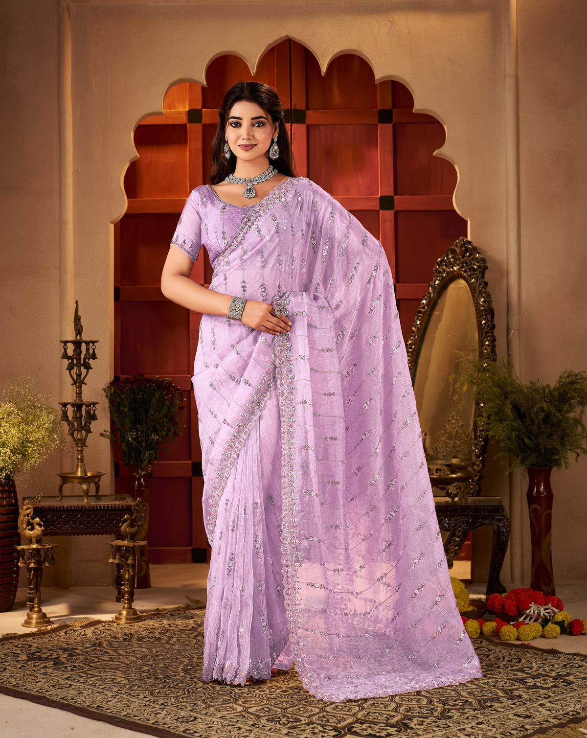 chhoga lavender pink floral stripe tissue silk saree with hand work and embellished border