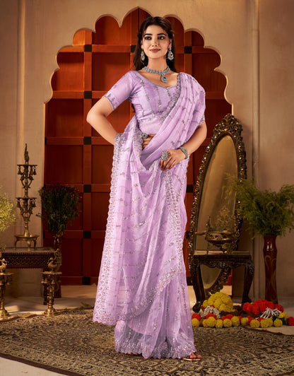 Chhoga Lavender Pink Floral Stripe Tissue Silk Saree with Hand Work front view