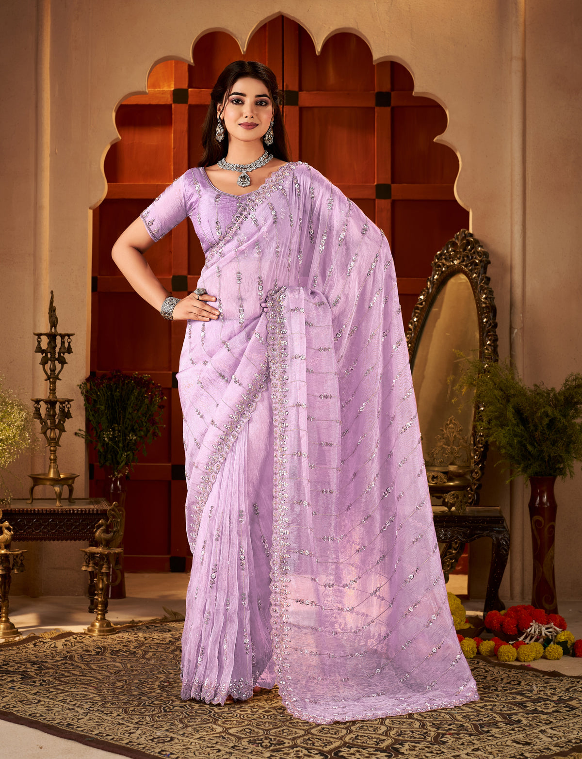 Chhoga Lavender Pink Floral Stripe Tissue Silk Saree with elegant drape