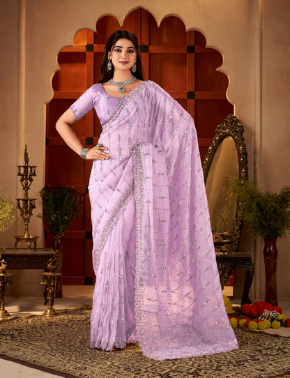 Chhoga Lavender Pink Floral Stripe Tissue Silk Saree with elegant drape