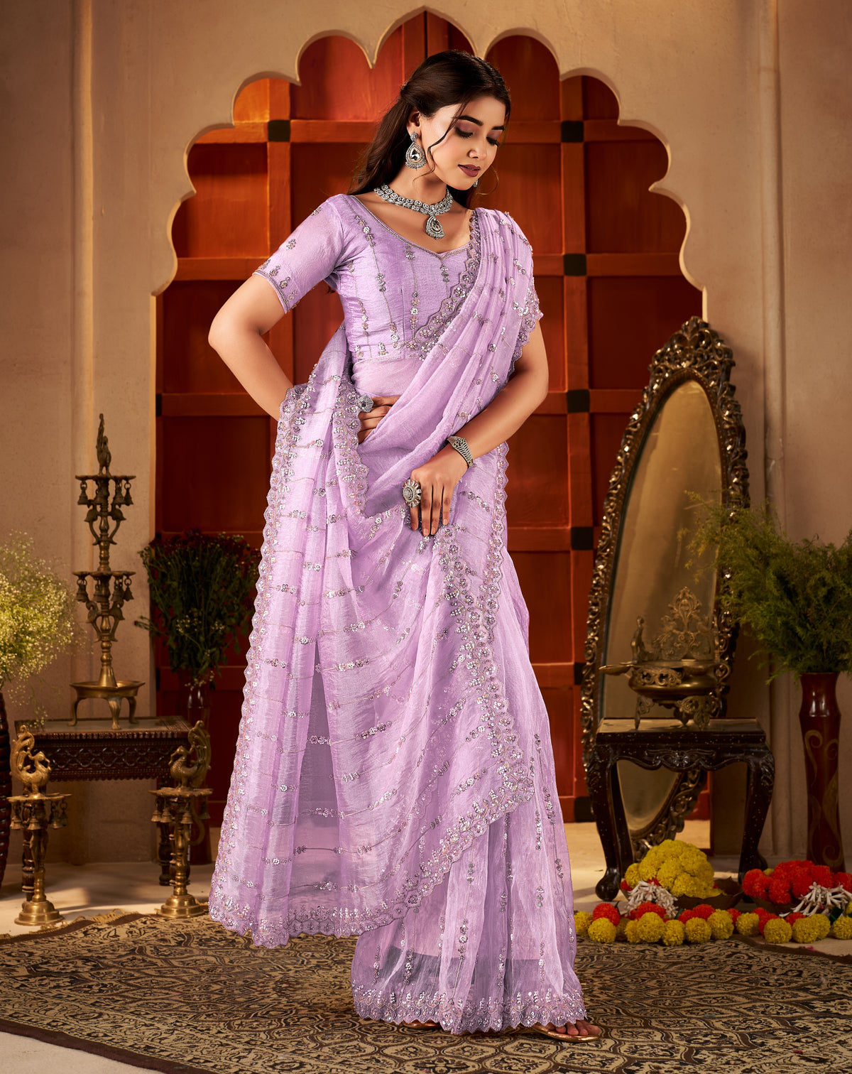 chhoga lavender pink floral stripe tissue silk saree for parties and receptions
