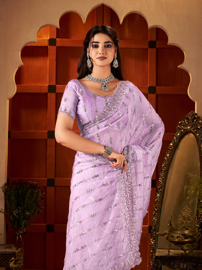 Close-up of Chhoga Lavender Pink Tissue Silk Saree with intricate hand work