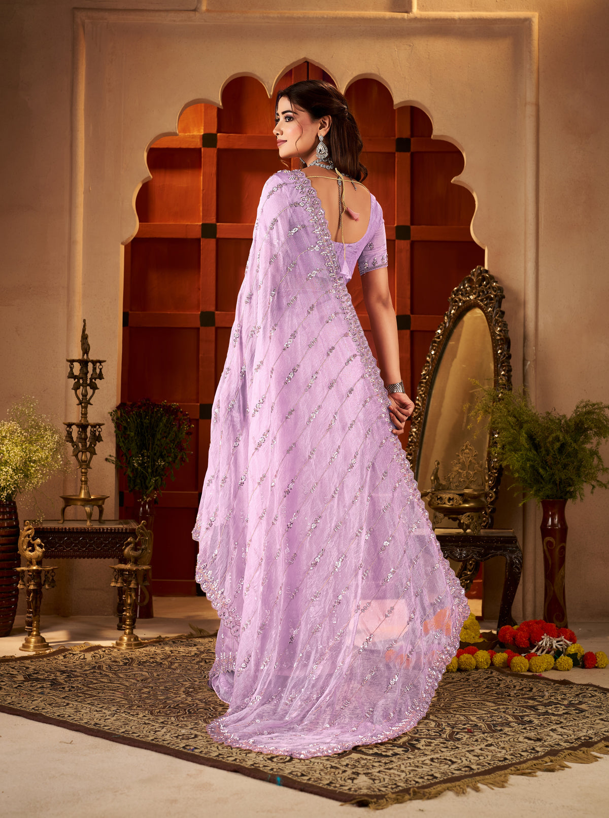 Chhoga Lavender Pink Tissue Silk Saree with embellished pallu