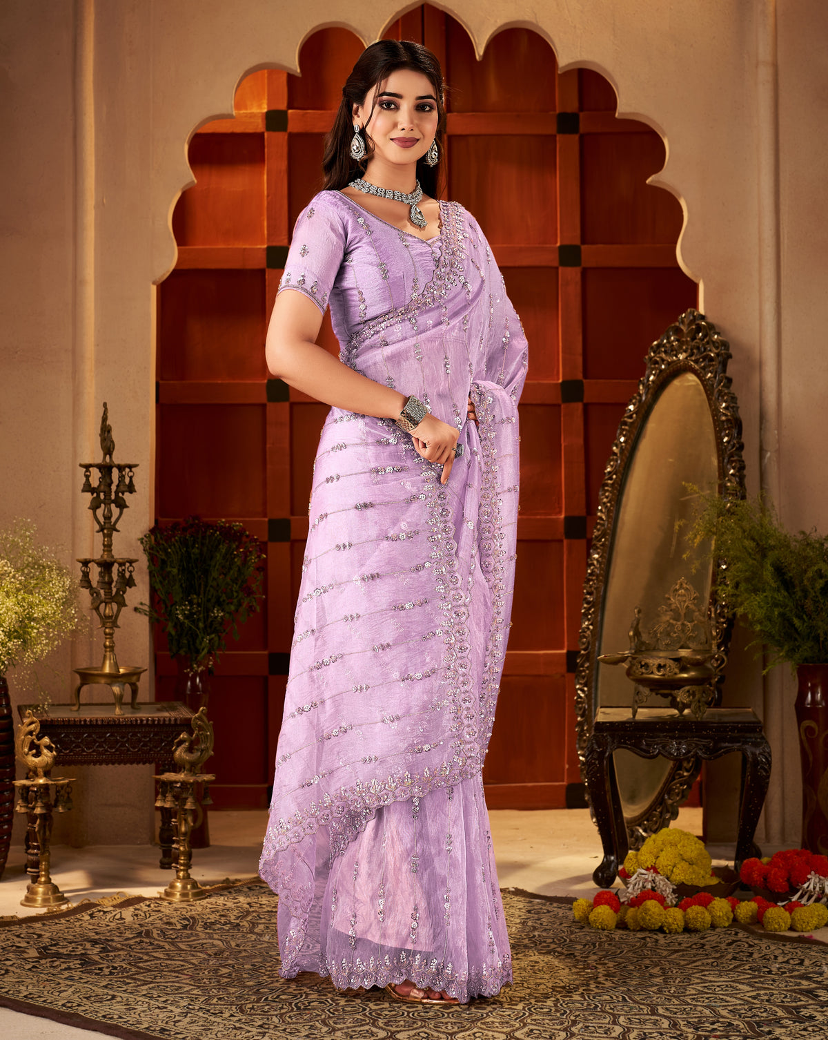 premium tissue silk fabric on chhoga lavender pink floral stripe saree