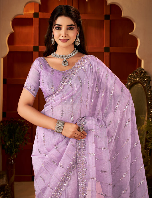 Model wearing Chhoga Lavender Pink Floral Stripe Tissue Silk Saree with Hand Work