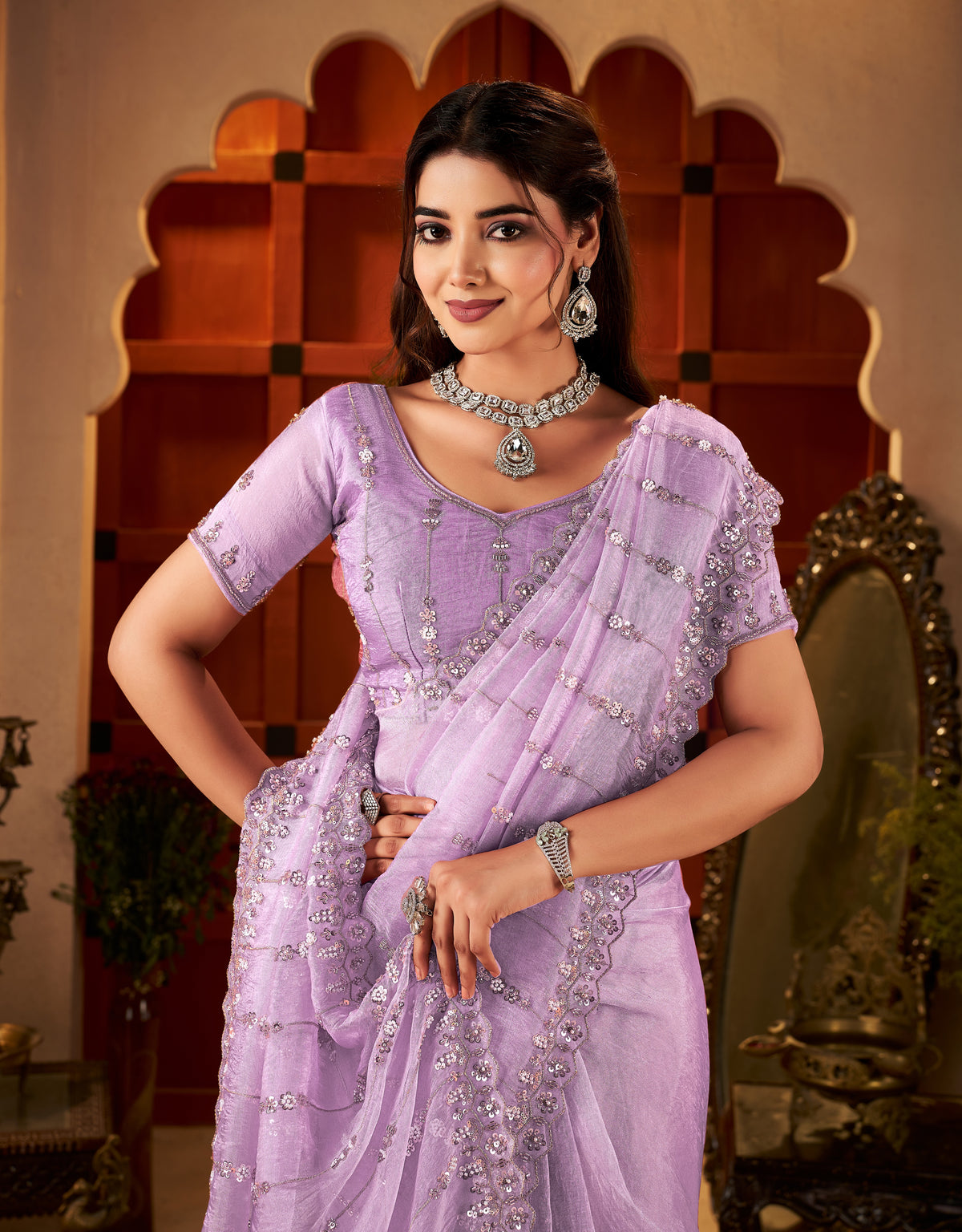 elegant pleats of chhoga lavender pink floral stripe tissue silk saree with hand work