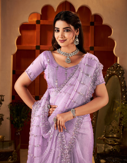 Elegant pleats of Chhoga Lavender Pink Floral Stripe Tissue Silk Saree with Hand Work
