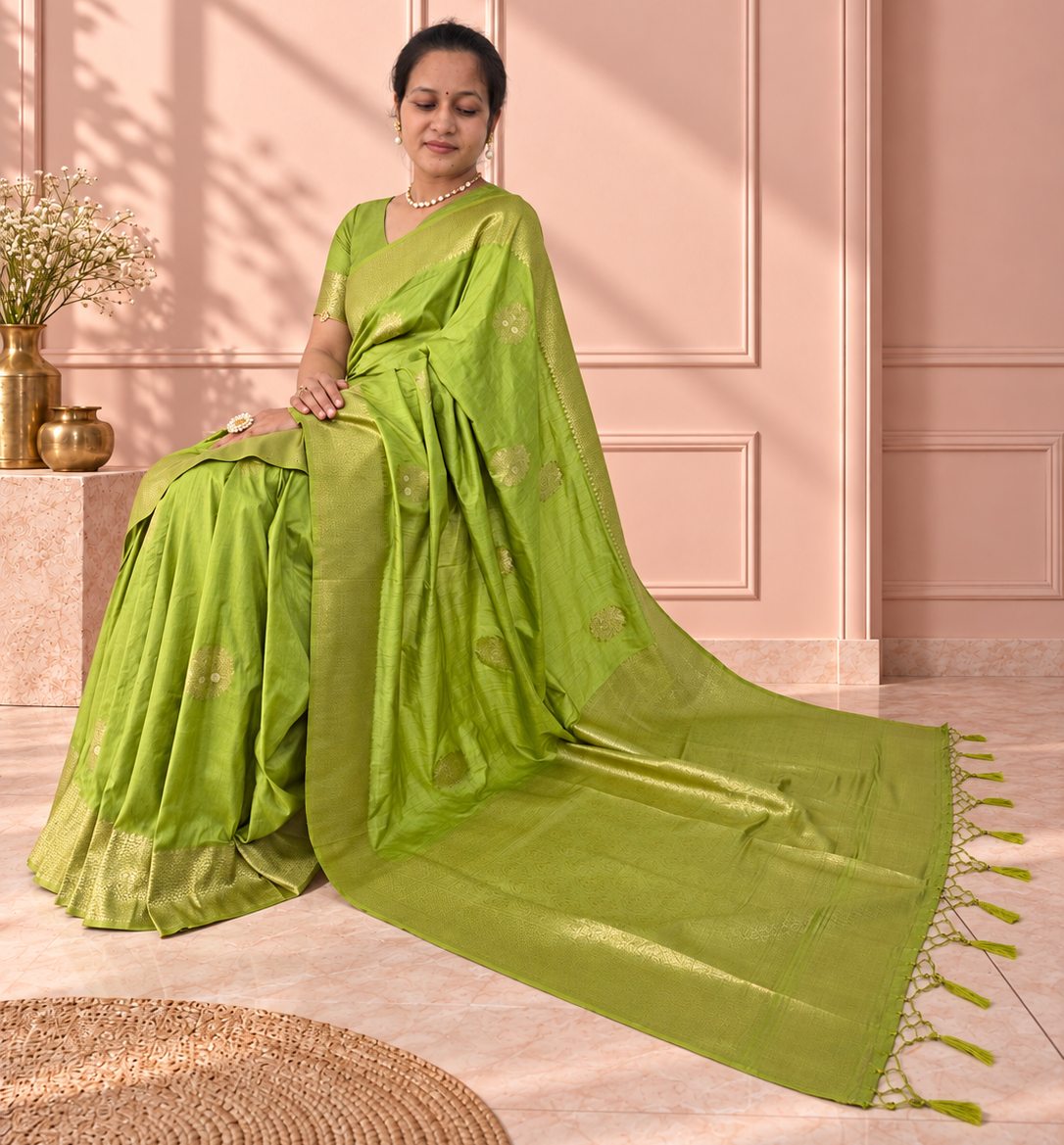 lime green silk butta saree with rich woven border