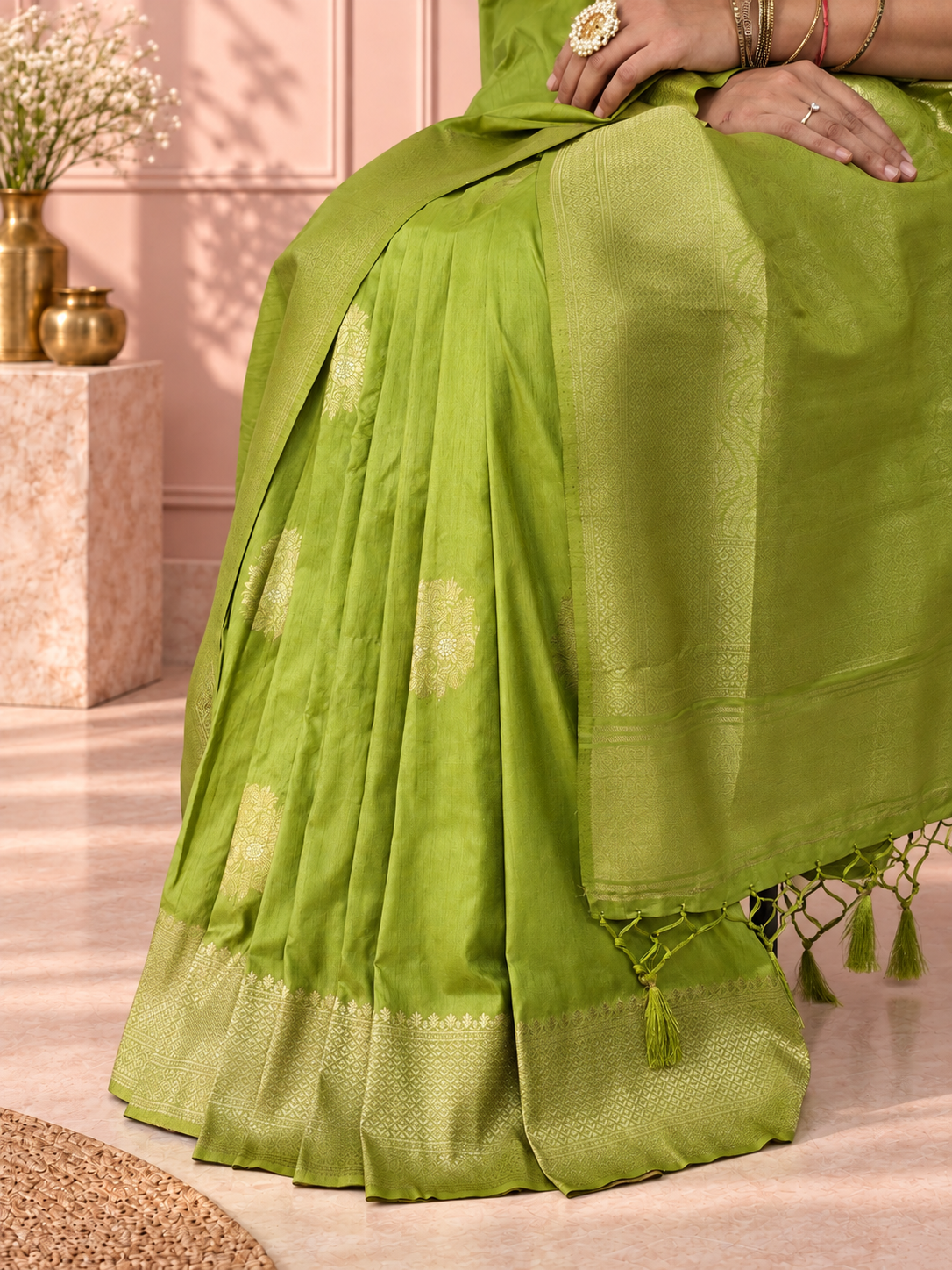 lime green silk butta saree with rich woven border