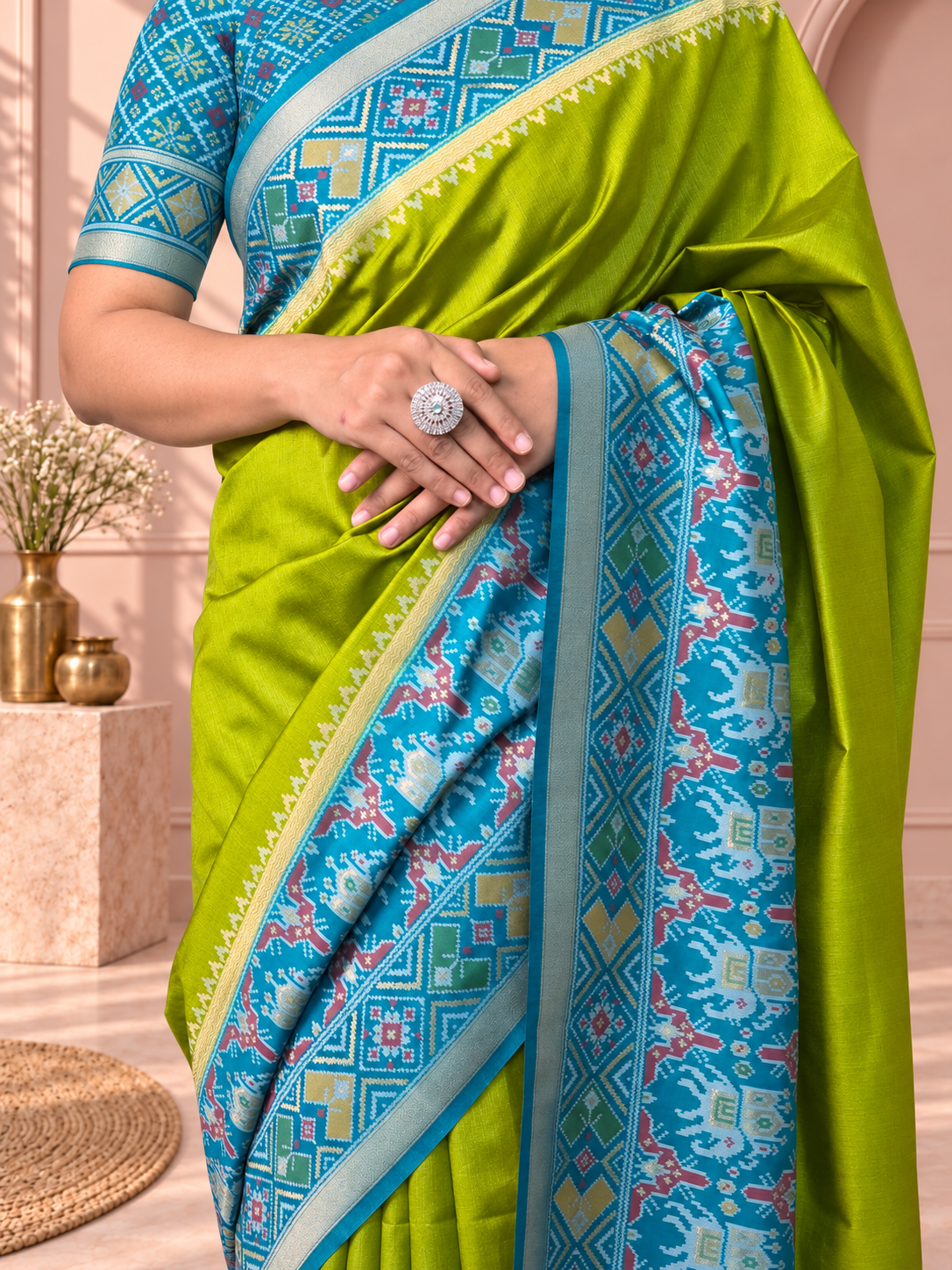 teal blue & lime green patola silk saree with elephant motif