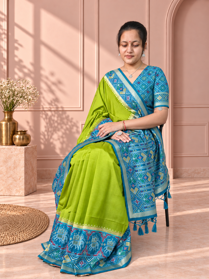 Teal Blue & Lime Green Patola Silk Saree with Elephant Motif
