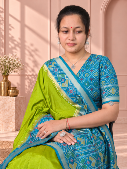 Teal Blue & Lime Green Patola Silk Saree with Elephant Motif