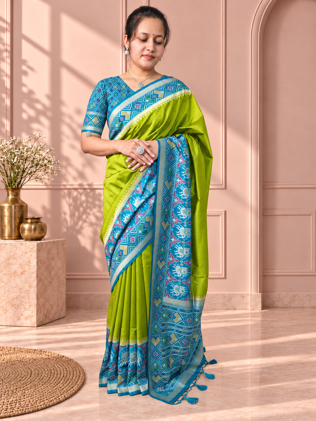 teal blue & lime green patola silk saree with elephant motif