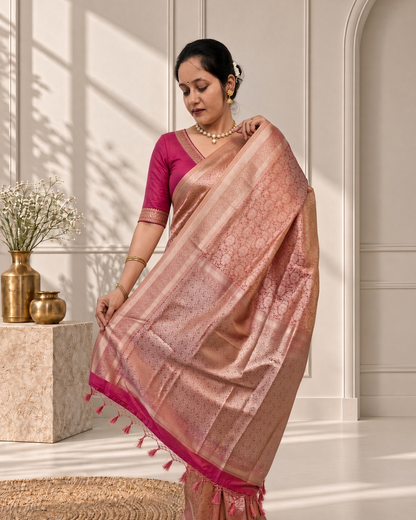 Peach Orange Banarasi Silk Saree with Floral Jaal & Rich Woven Border