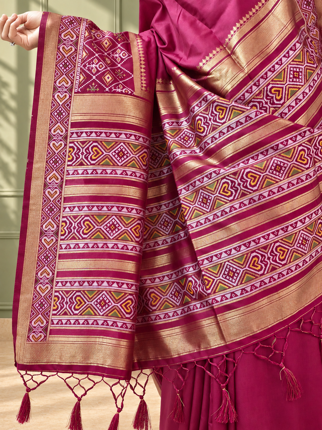 Wine Silk Gala Patola Broad Border Saree